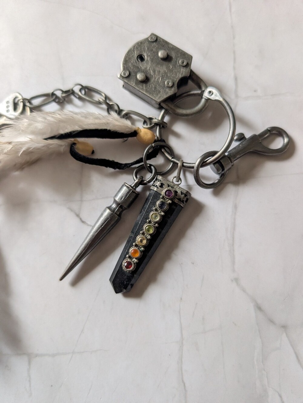 Vintage Industrial Bag Charm Gunmetal Keychain with Feathers & Lock - Picture 2 of 8